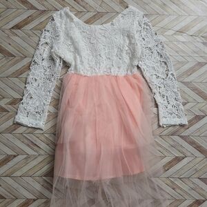 Boho Flower Girl Dress White Lace & Blush Pink Tulle Long Sleeve Rustic Wedding